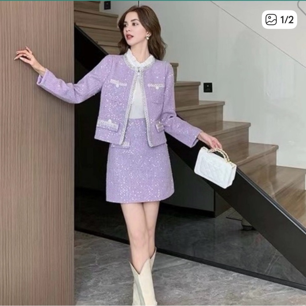 Chic Purple Tweed Skirt Suit